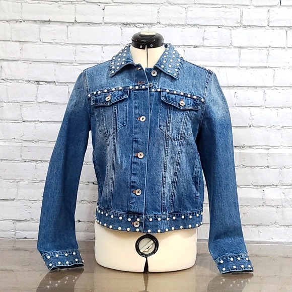 bagatelle Jackets & Blazers - Bagatelle Pearl Embellished Denim Trucker Jean Jacket In Blue - NWT